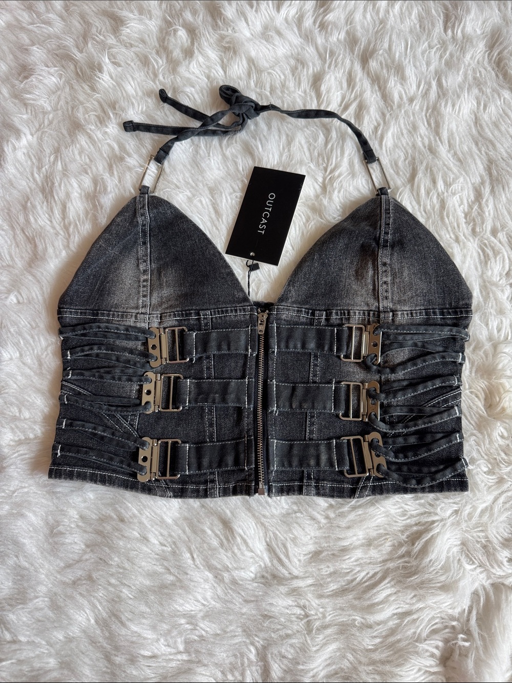 Outcast Black Denim Buckle Halter Crop Top